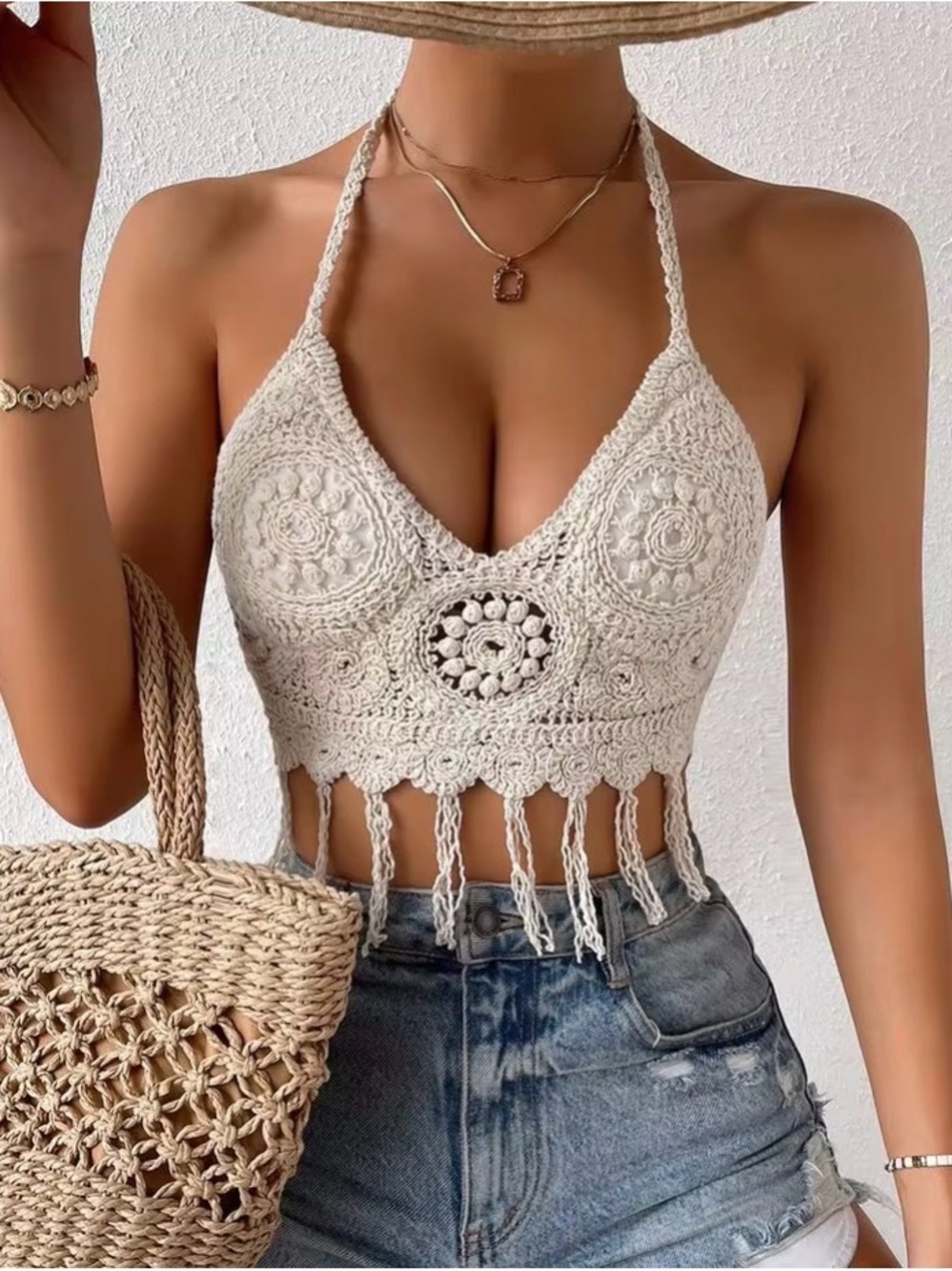 SHEIN Breezaya White Crochet Fringe Halter Bikini Top Boho Small